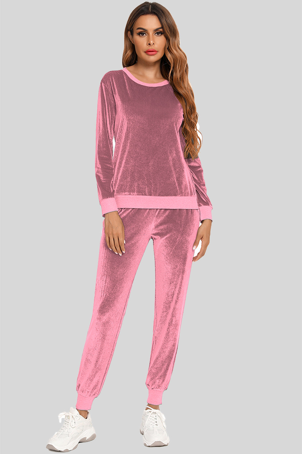 Round Neck Long Sleeve Loungewear Set with Pockets in pink
