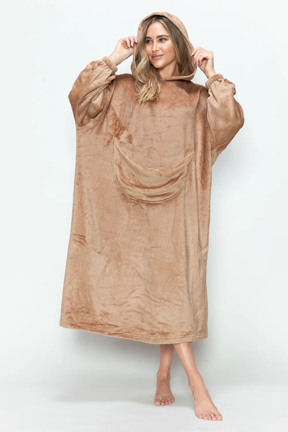 Double Take Full Size Pocketed Hooded Midi Lounge Dress in brown