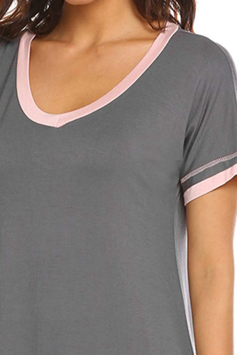 Contrast Trim Short Sleeve Lounge Dress in grey with pink trim