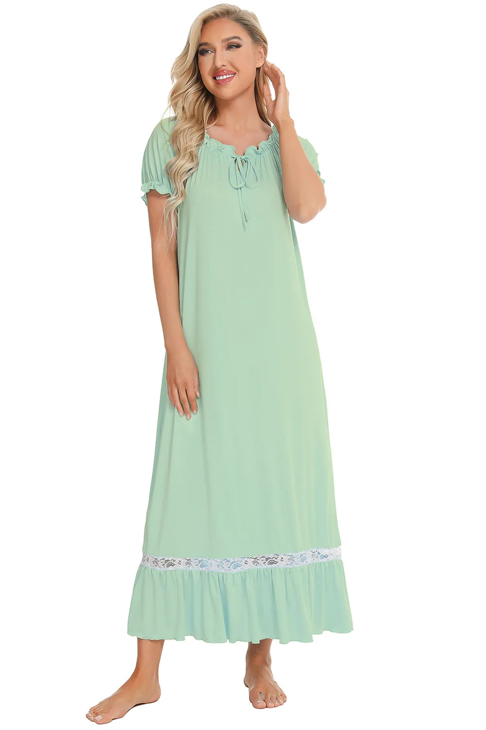 Lace Detail Short Sleeve Lounge Dress in light green with white lace trim