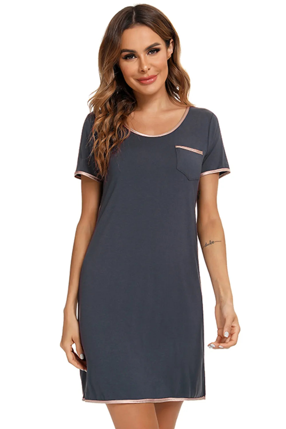 Contrast Trim Pocketed Round Neck Lounge Dress in dark grey with pink trim