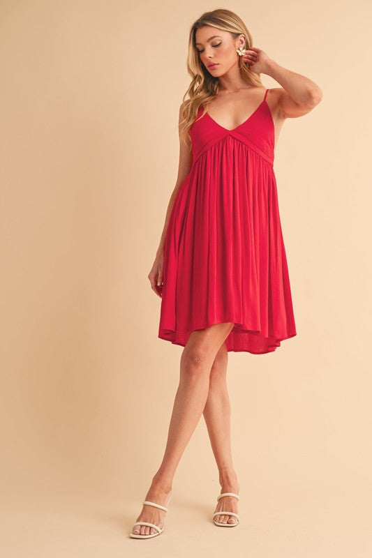 Aemi + Co Ruched Plunge Mini Cami Dress in red