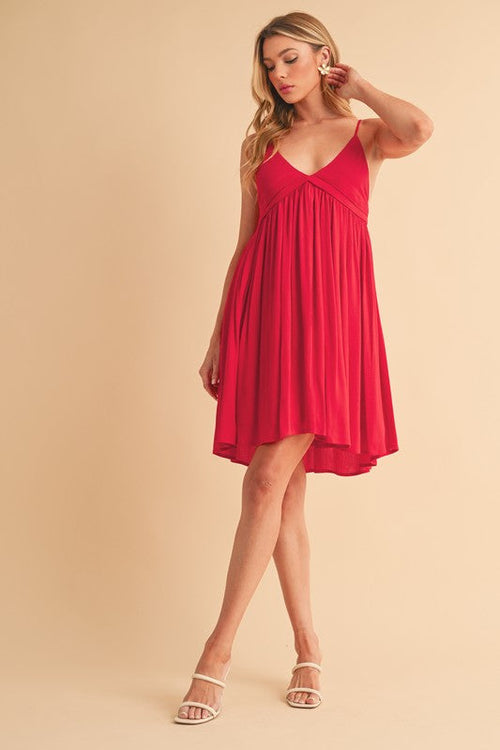 Aemi + Co Ruched Plunge Mini Cami Dress in red