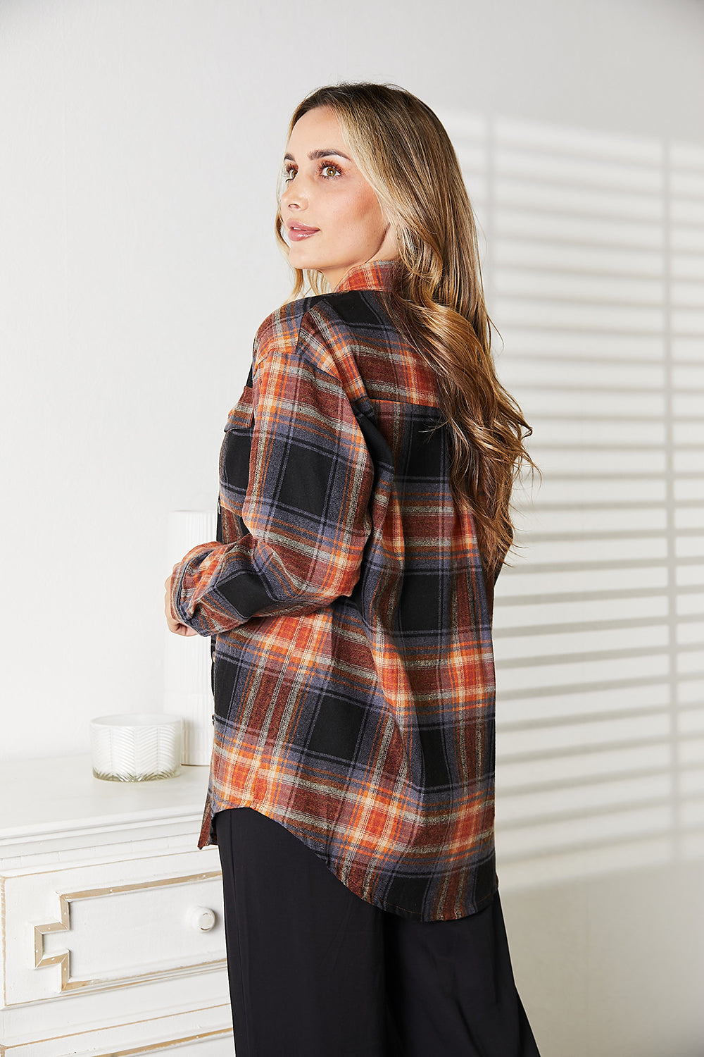 Plaid Button-Front Relaxed Shirt in orange, black, and blue plaid, viewed from the back
