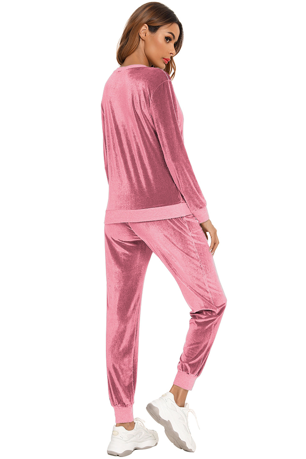 Round Neck Long Sleeve Loungewear Set with Pockets in pink velour, viewed from the back