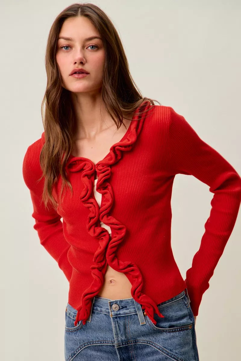 SO ME Cascade Ruffle Ribbed Sweater Cardigan in red with ruffle details