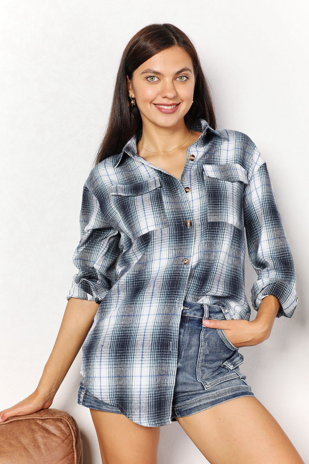 Plaid Button-Front Relaxed Shirt in blue and white plaid worn by a woman with dark hair and green eyes