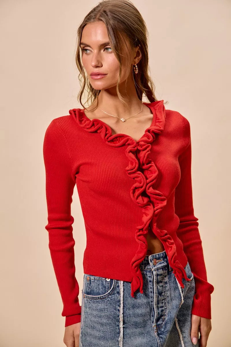 SO ME Cascade Ruffle Ribbed Sweater Cardigan in red with ruffle details