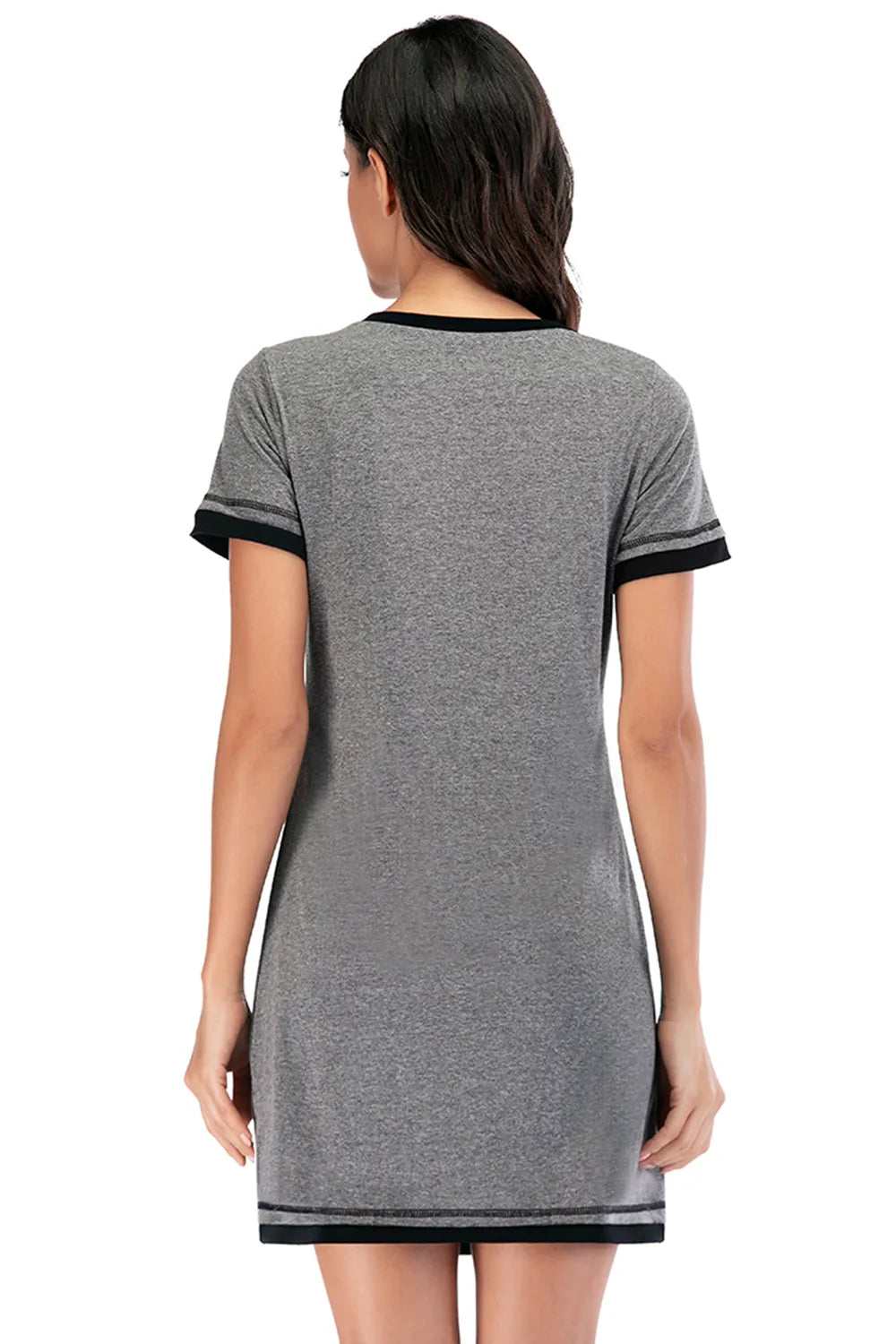Back view of a woman wearing a grey Contrast Trim Short Sleeve Lounge Dress with black trim