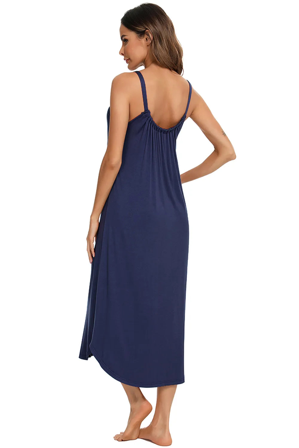 Woman from behind wearing a navy V-Neck Midi Lounge Dress