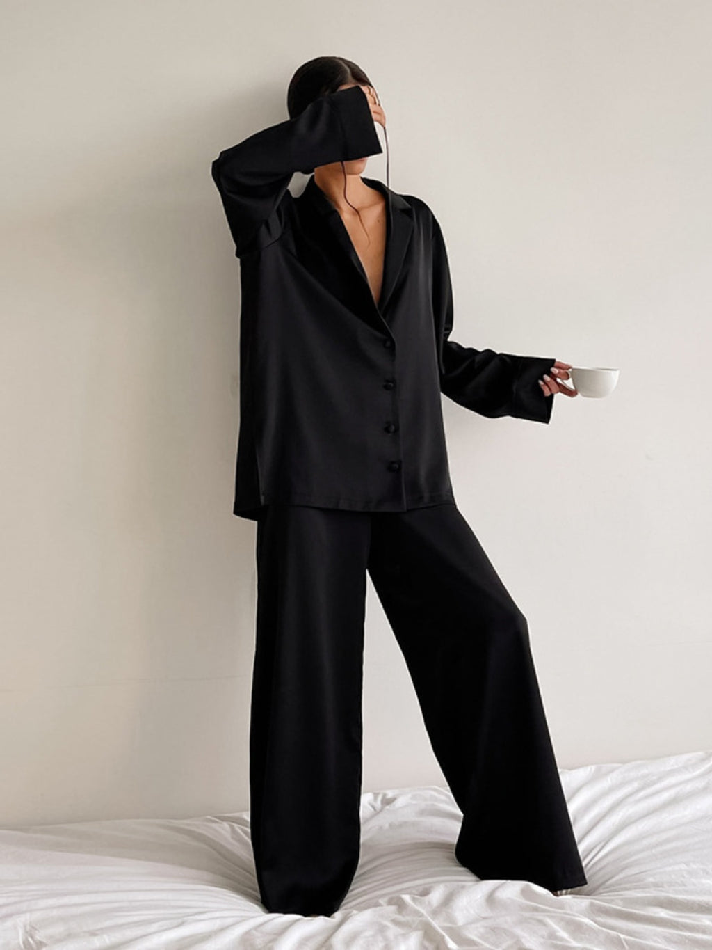 Long Sleeve Top and Wide Leg Pants Lounge Set in black