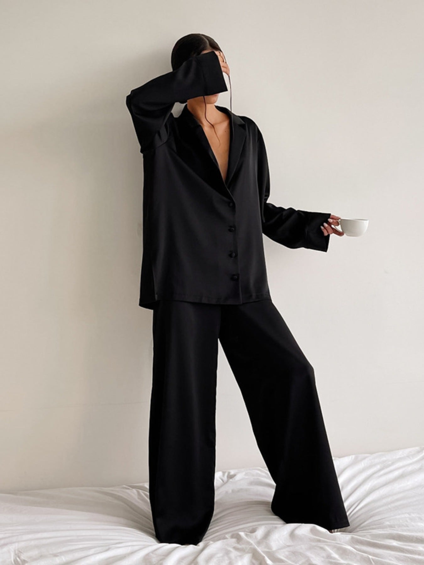 Long Sleeve Top and Wide Leg Pants Lounge Set in black