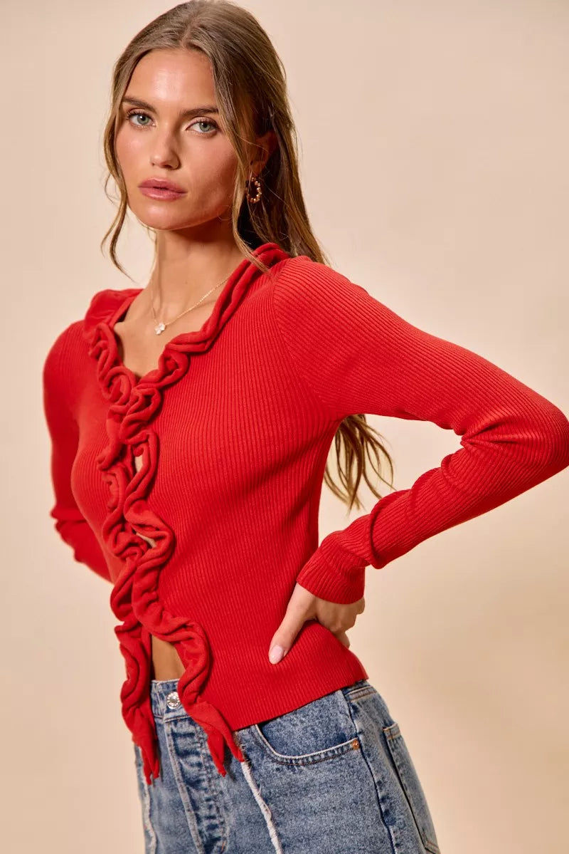 SO ME Cascade Ruffle Ribbed Sweater Cardigan in red with ruffle detail
