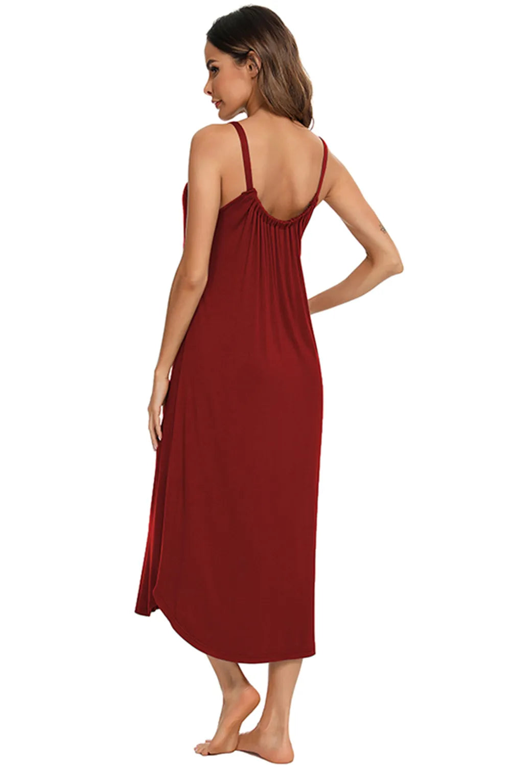 Woman wearing a red V-Neck Midi Lounge Dress, shown from the back