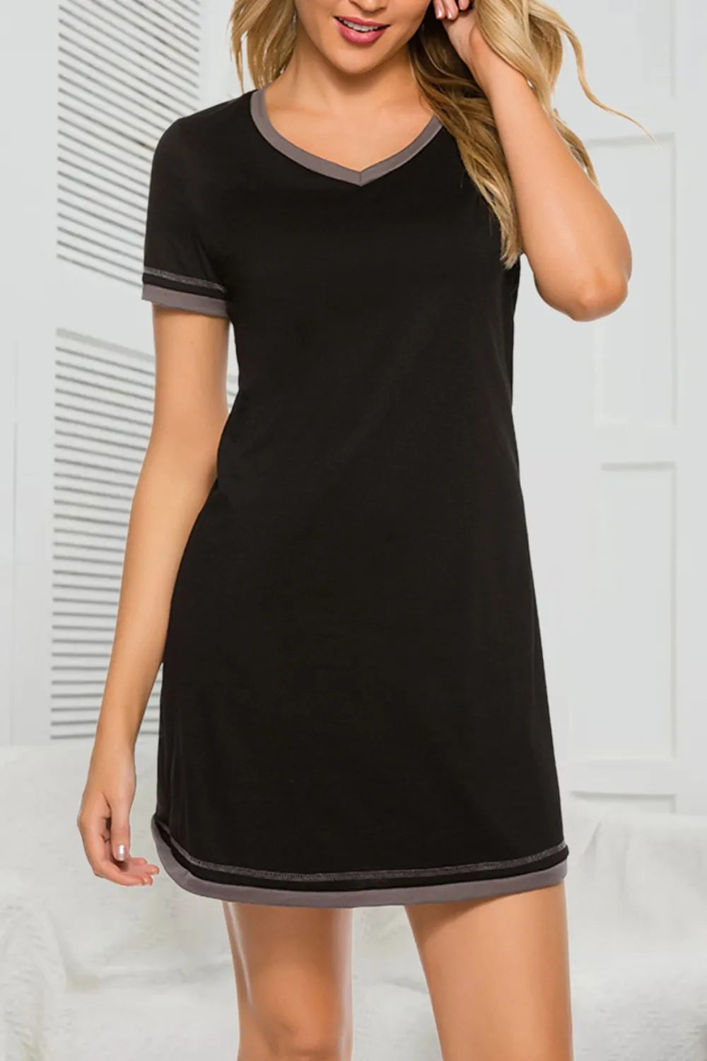 Contrast Trim Short Sleeve Lounge Dress in black with grey trim, V-neck, and short sleeves
