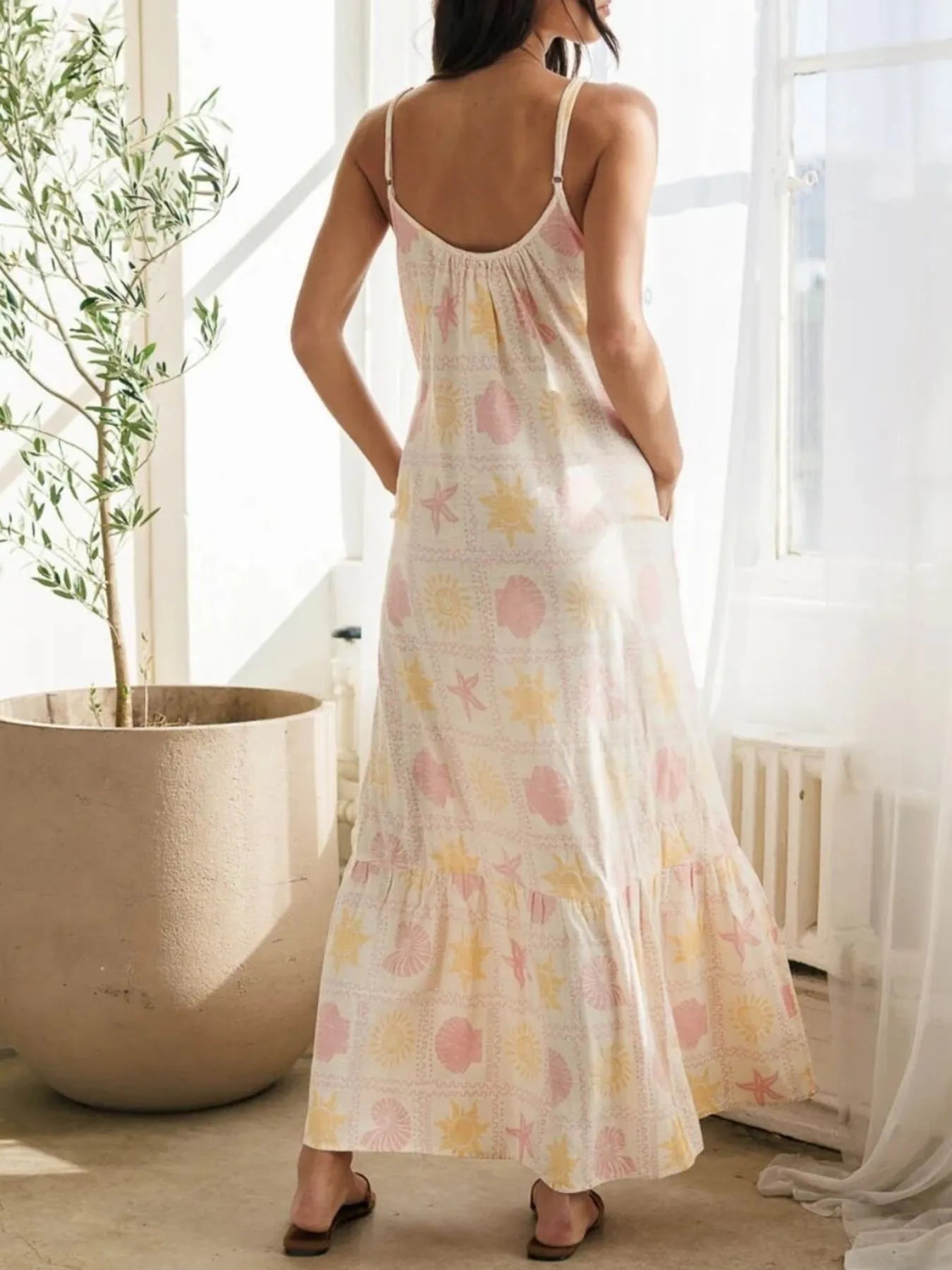 Printed Maxi Lounge Dress with Ruffled Hem, back view