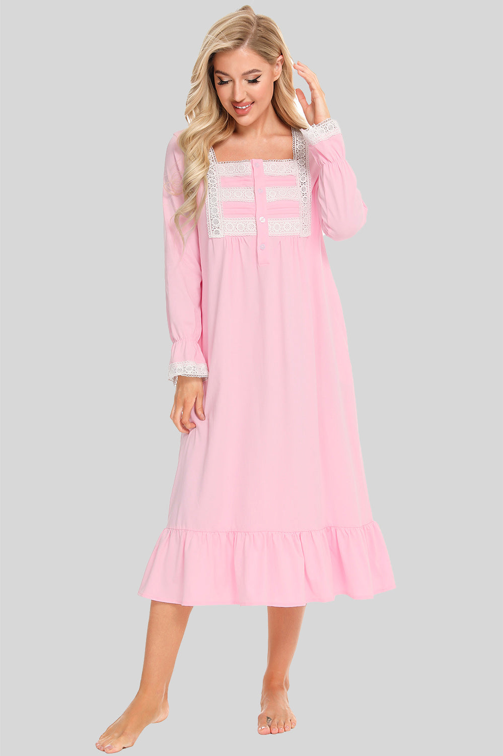 Lace Detail Square Neck Flounce Sleeve Night Dress in pink