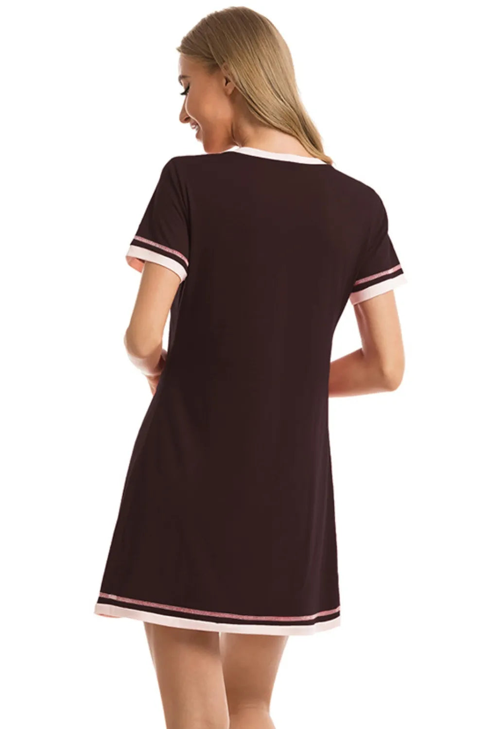 Contrast Trim Short Sleeve Lounge Dress in black with pink and white trim, back view