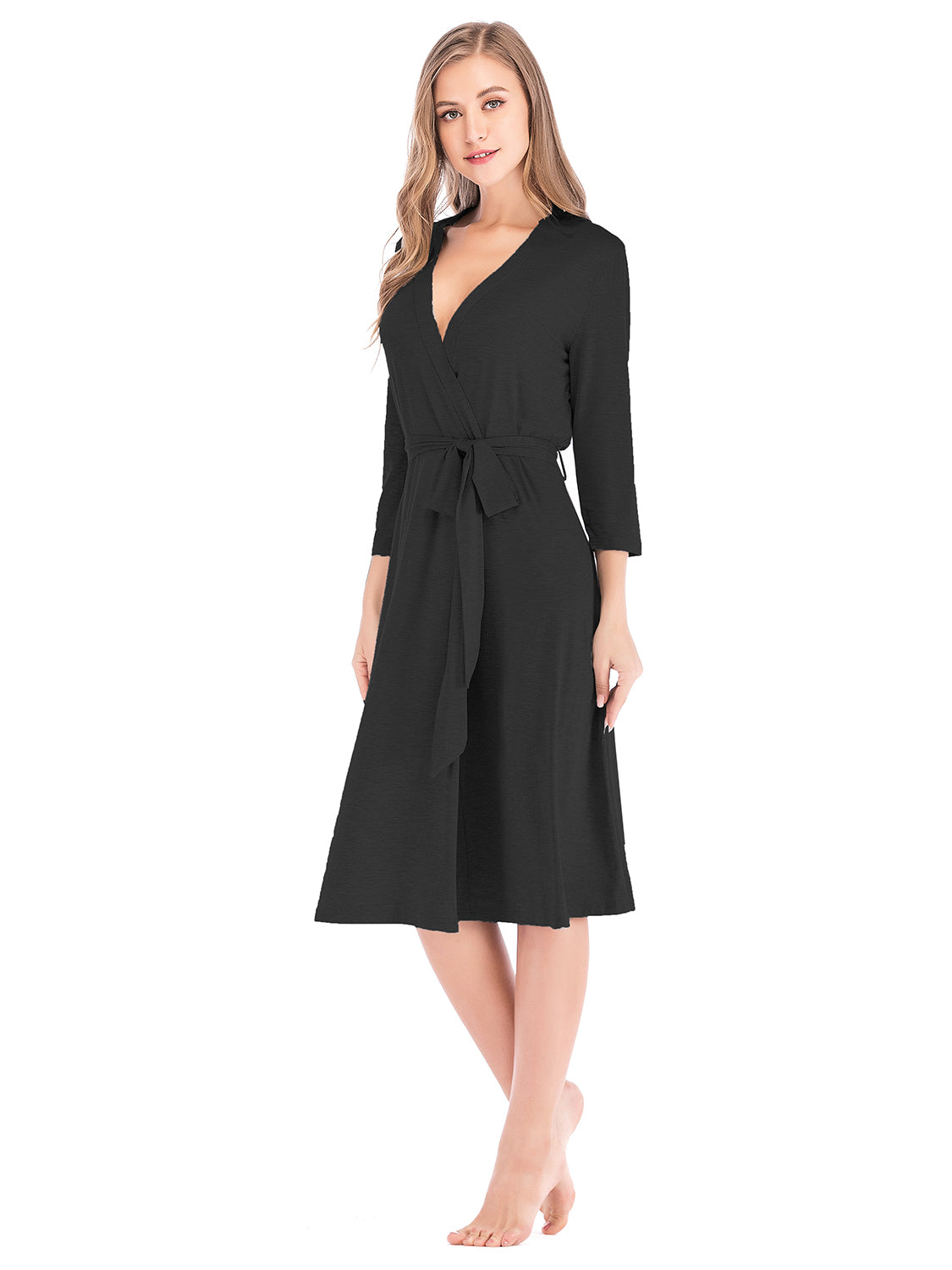 Plunge Tie Front Night Dress in black with a tie waist and three-quarter sleeves
