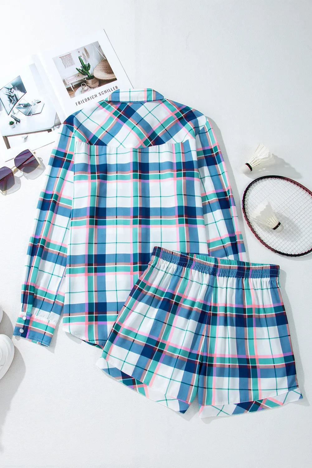 Plaid Snap Down Long Sleeve Top and Shorts Lounge Set in blue, pink, and white plaid