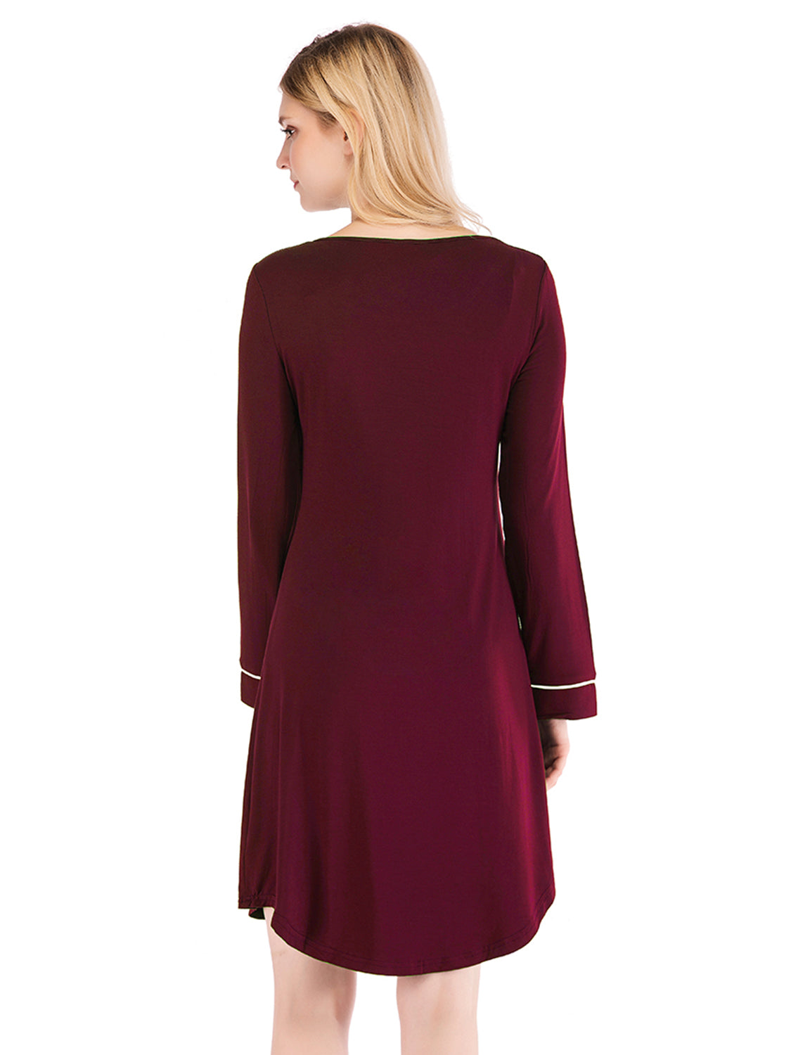 Back view of a woman wearing a maroon Round Neck Night Dress with Pocket
