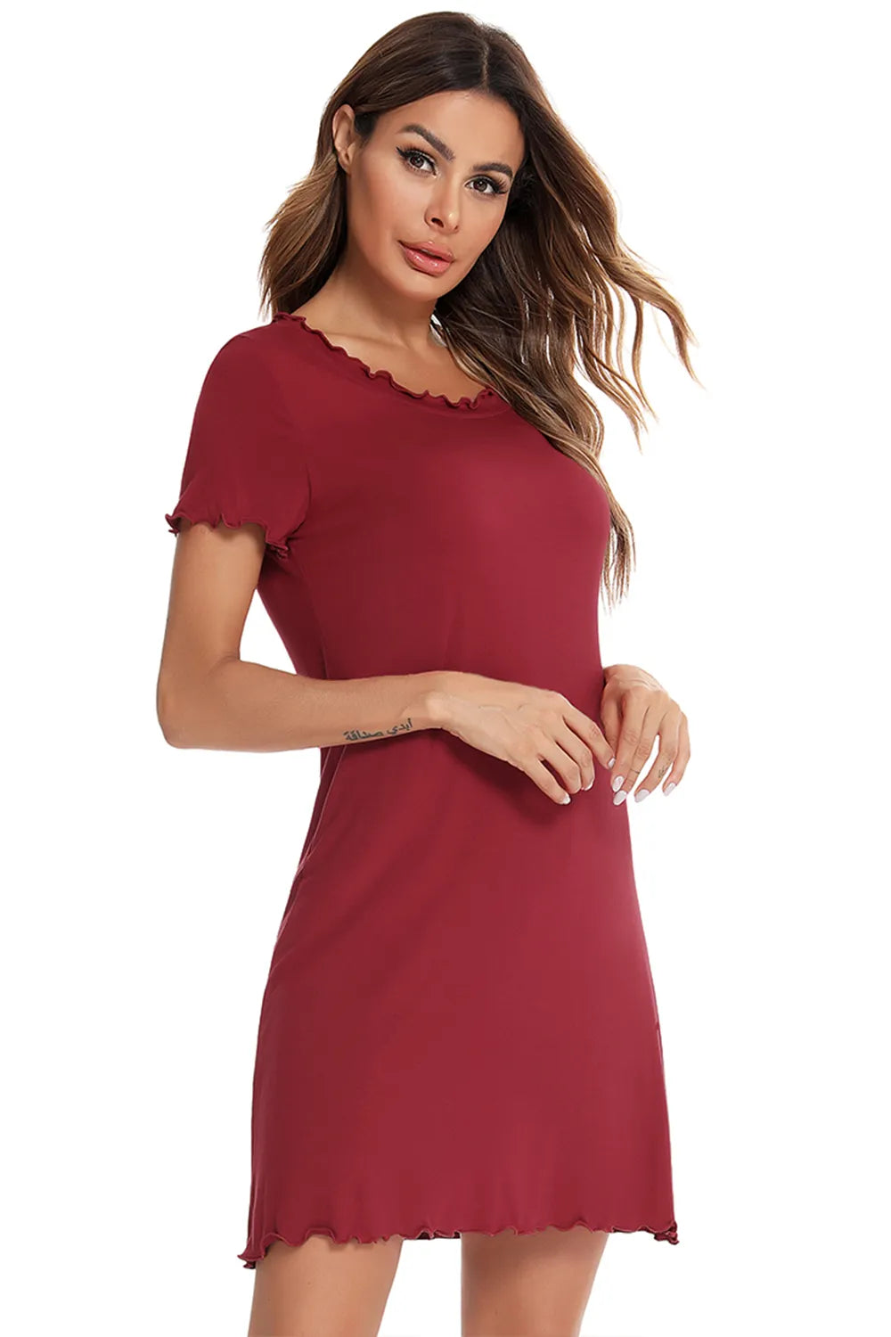Round Neck Short Sleeve Lounge Dress in red with ruffled trim