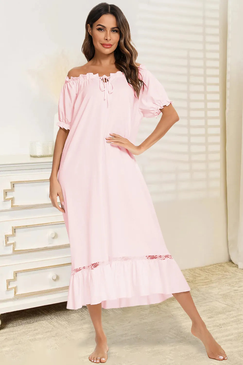 Lace Detail Short Sleeve Lounge Dress in pink with off-shoulder neckline and ruffled hem