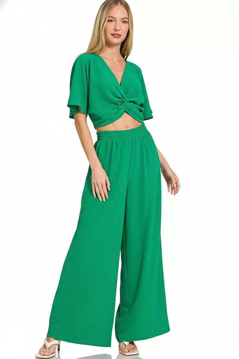Zenana Woven Airflow Twisted Top & Wide Leg Pants Set in green