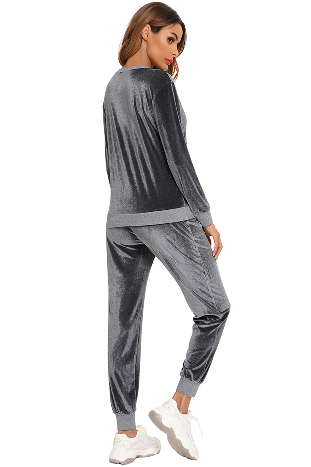 Round Neck Long Sleeve Loungewear Set with Pockets in grey velvet, worn by a model