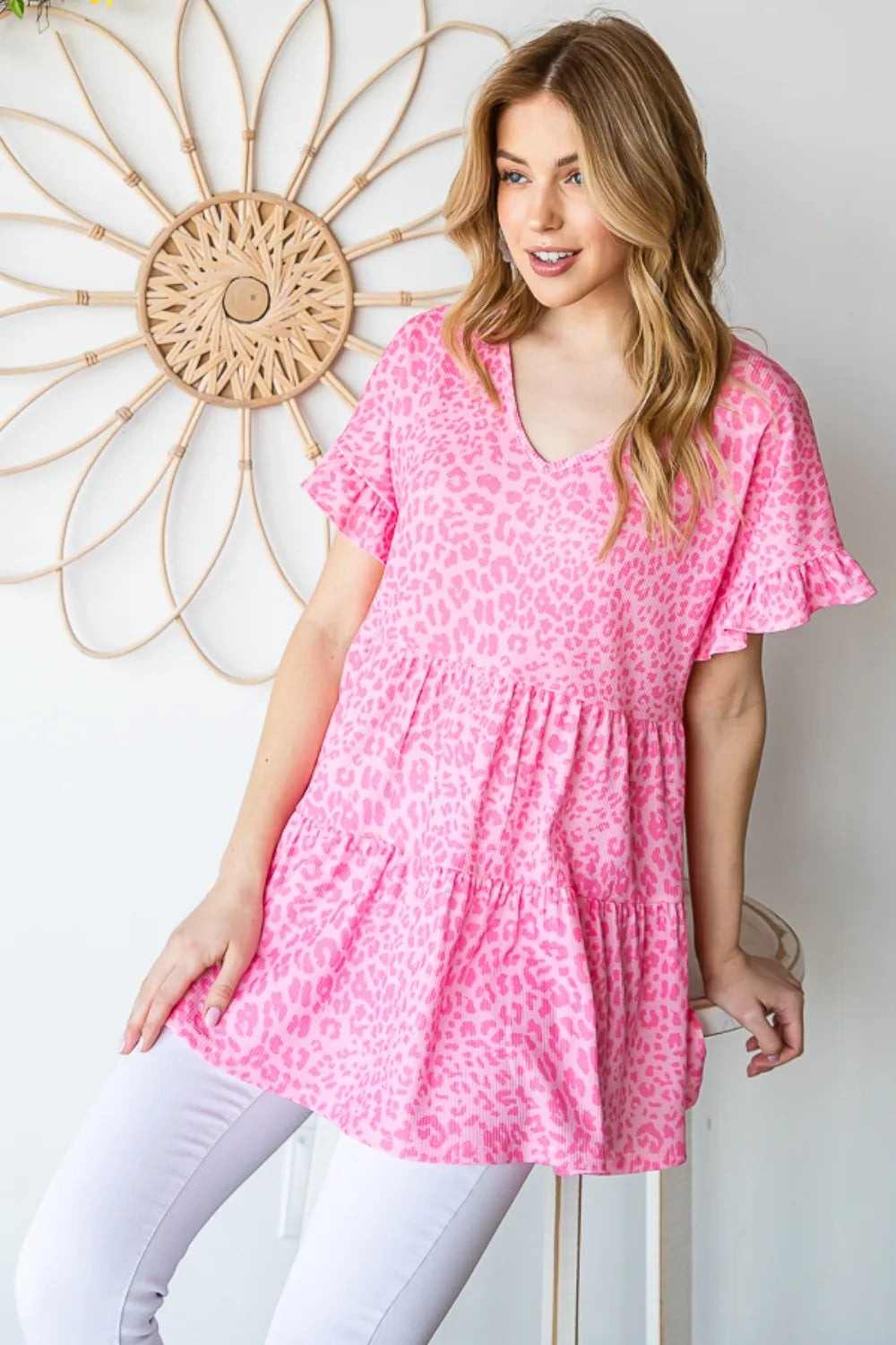 Leopard Ruffle Trim Short Sleeve Top in pink leopard print with tiered ruffles