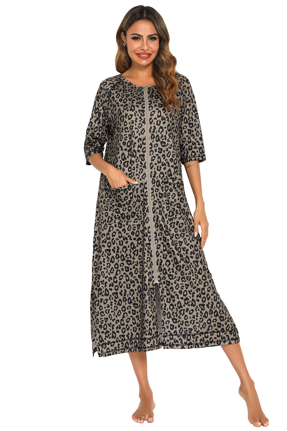 Printed Slit Night Dress with Pockets, leopard print, front zipper, and short sleeves