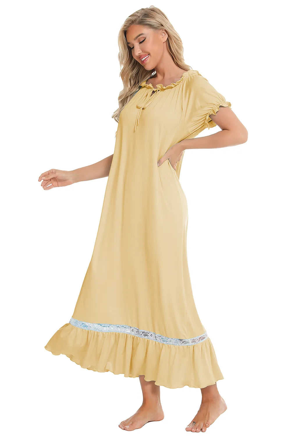 Lace Detail Short Sleeve Lounge Dress in light yellow with blue lace trim