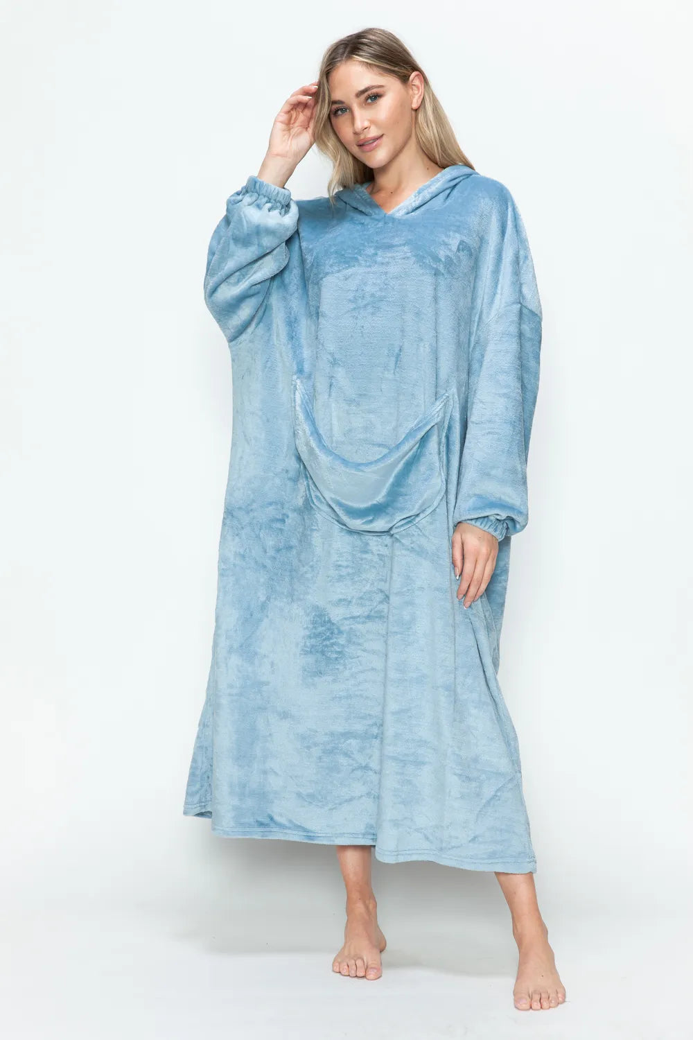 Double Take Full Size Pocketed Hooded Midi Lounge Dress in light blue