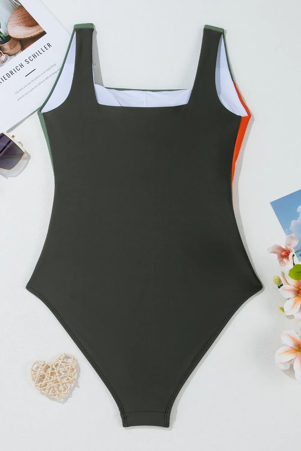 Color Block Padded Square Neck One Piece Swimsuit in dark green, orange, and white