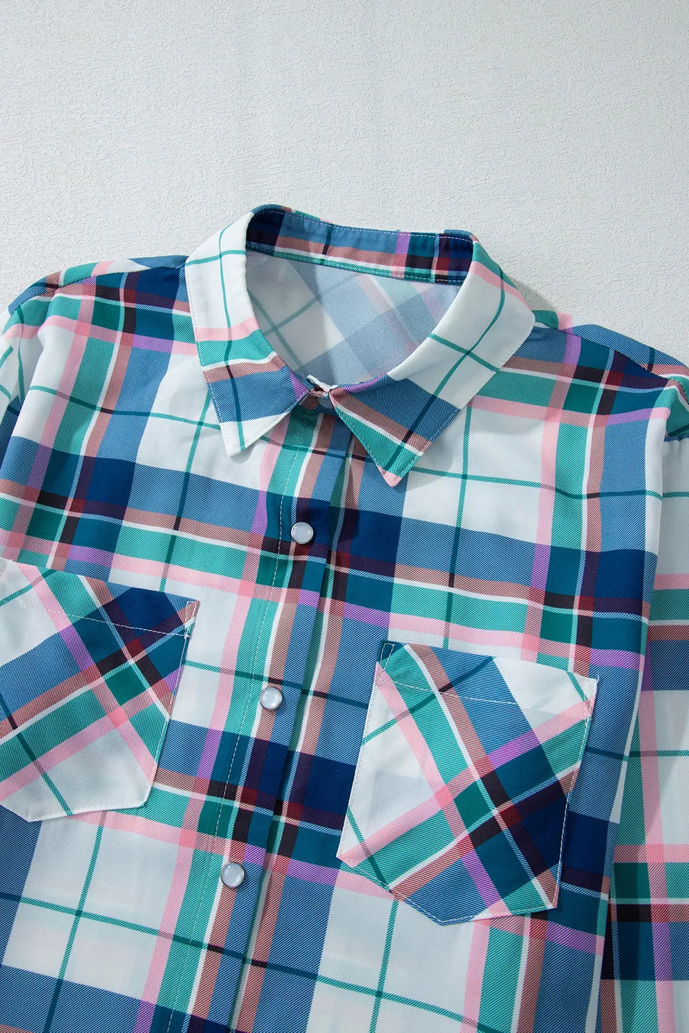 Plaid Snap Down Long Sleeve Top and Shorts Lounge Set in blue, pink, and green plaid