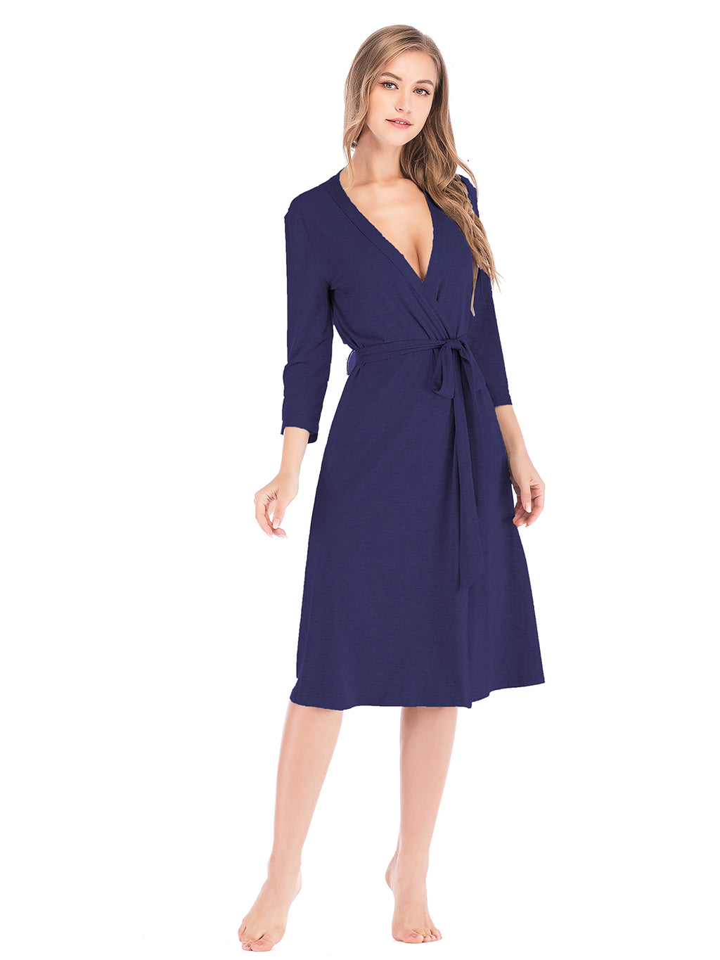 Plunge Tie Front Night Dress in navy blue with three-quarter sleeves