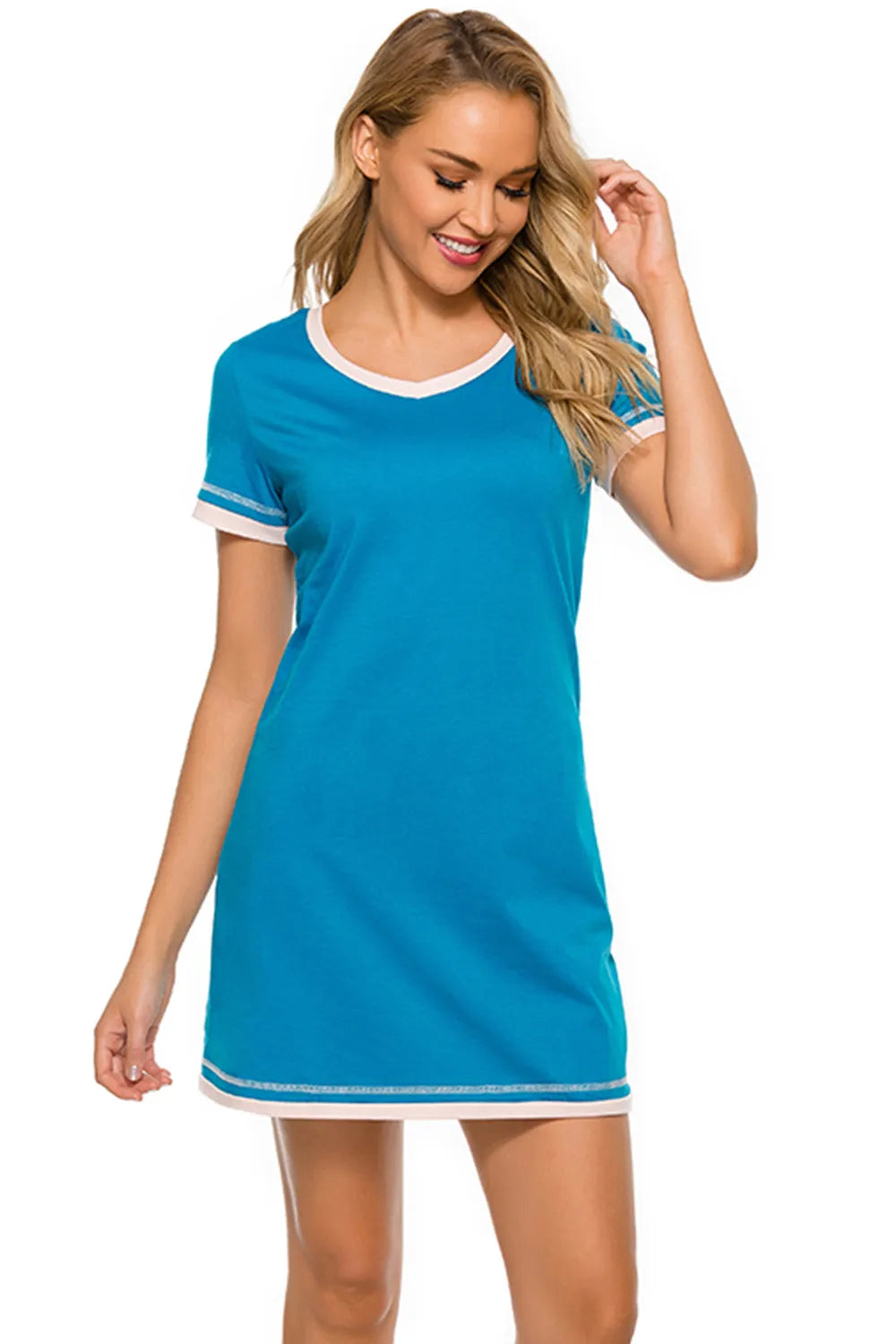 Contrast Trim Short Sleeve Lounge Dress in blue with white trim