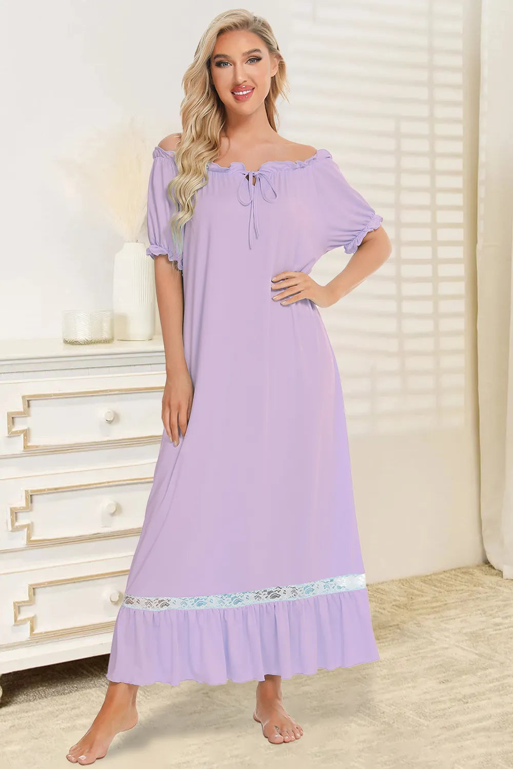 Lace Detail Short Sleeve Lounge Dress in lavender with off-the-shoulder neckline and ruffled hem