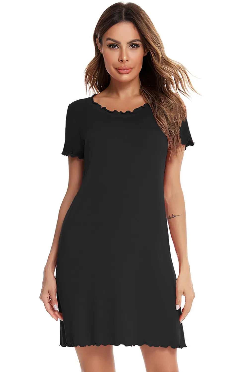 Round Neck Short Sleeve Lounge Dress in black