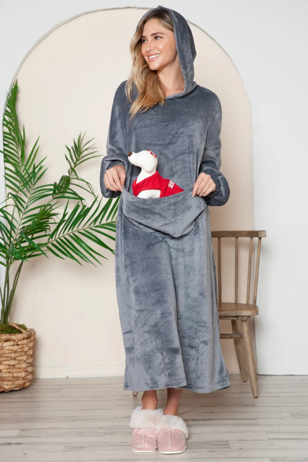 Double Take Full Size Pocketed Hooded Midi Lounge Dress in gray with a stuffed dog in the pocket