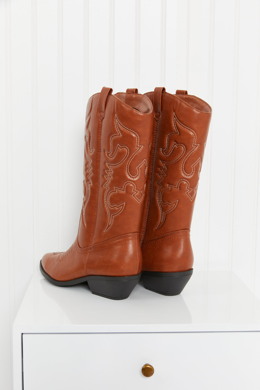 Embroidered Mid-Calf Cowboy Boots in brown with white stitching