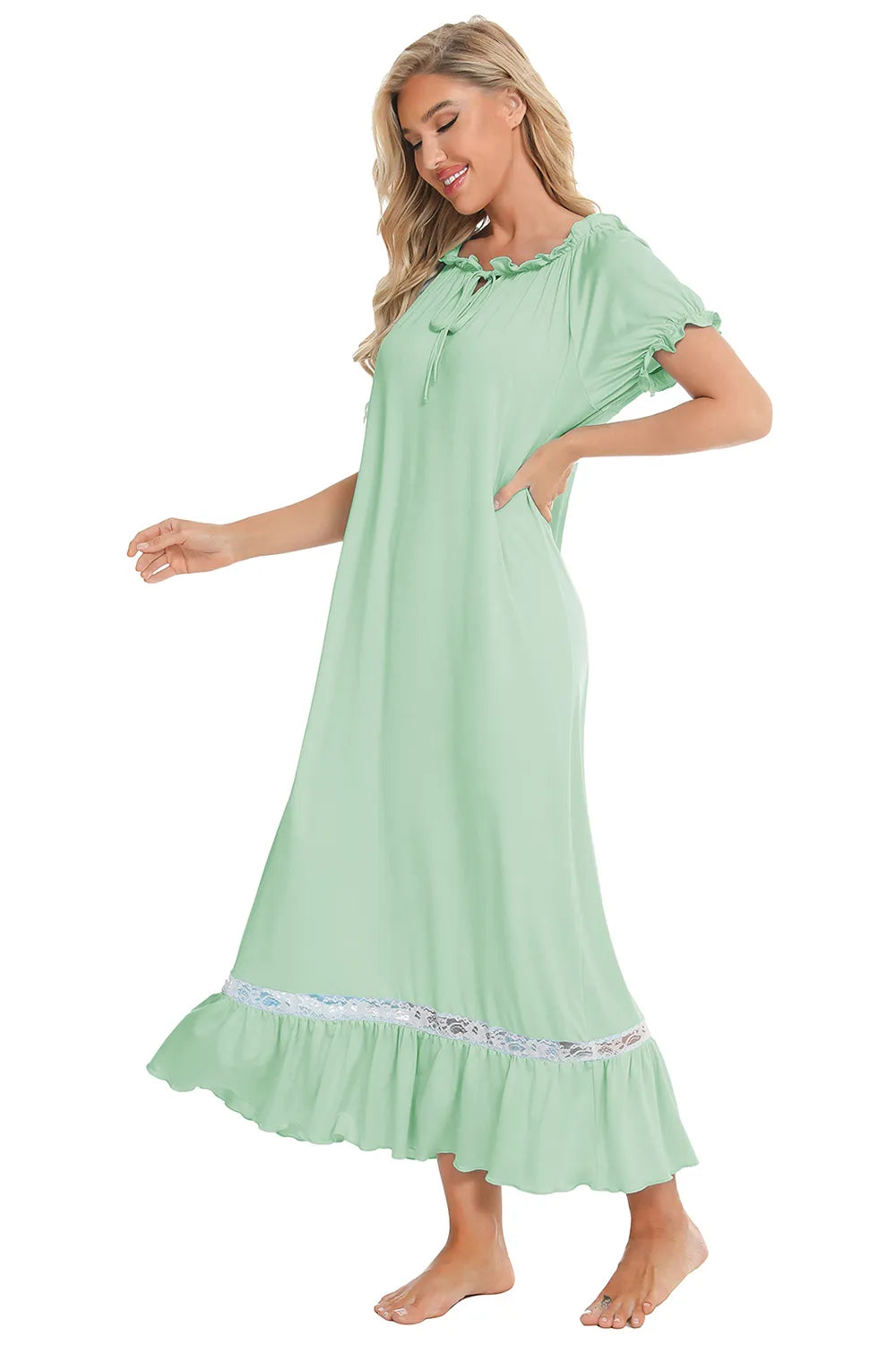 Lace Detail Short Sleeve Lounge Dress in light green with white lace trim