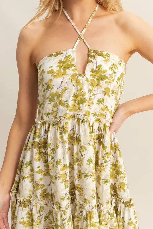 HYFVE Floral Print Halter Neck Tiered Mini Dress with green and white floral pattern