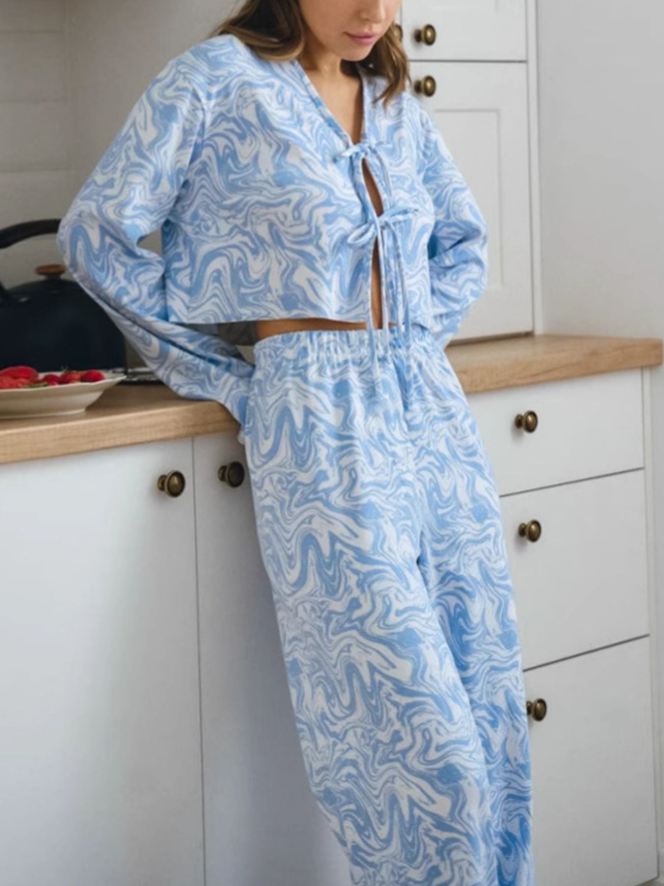 Tie Front Long Sleeve Top and Pants Lounge Set in blue and white marble print
