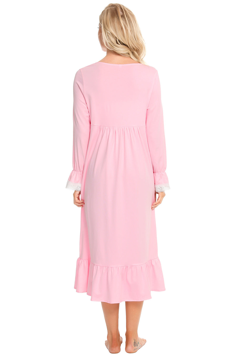 Back view of a woman in a pink Lace Detail Square Neck Flounce Sleeve Night Dress