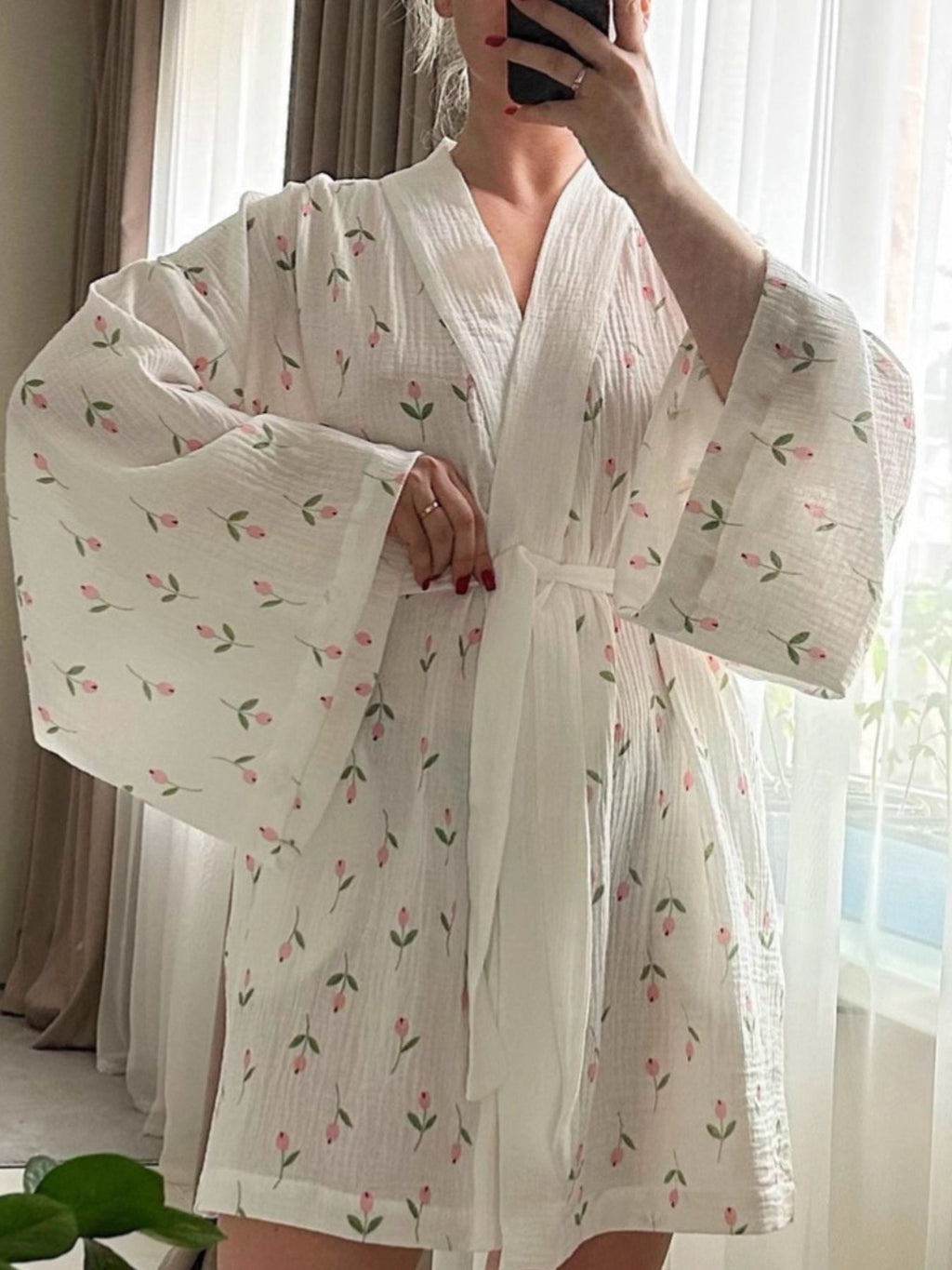 Floral Print Lightweight Lounge Nightgown in white with pink floral print