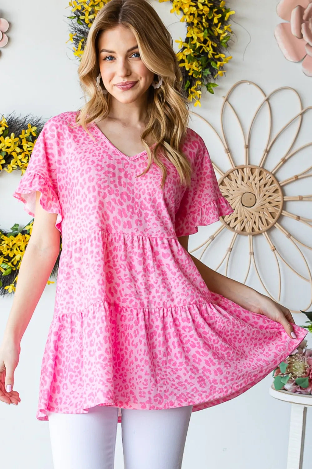 Leopard Ruffle Trim Short Sleeve Top in pink with leopard print