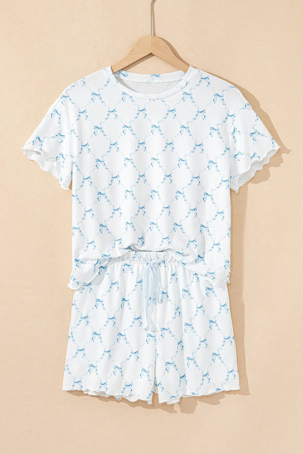 Printed Round Neck Top and Shorts Two-Piece Lounge Set with blue bow pattern