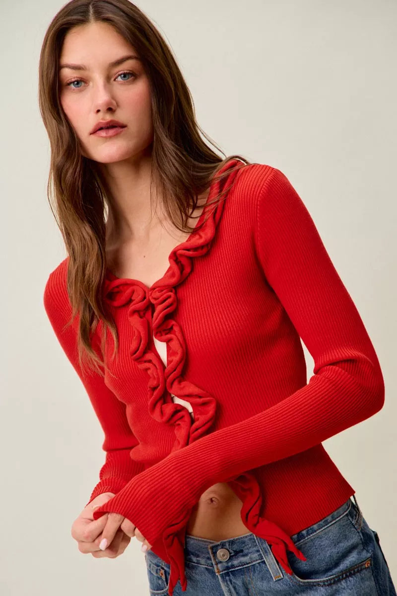 SO ME Cascade Ruffle Ribbed Sweater Cardigan in red with ruffle details