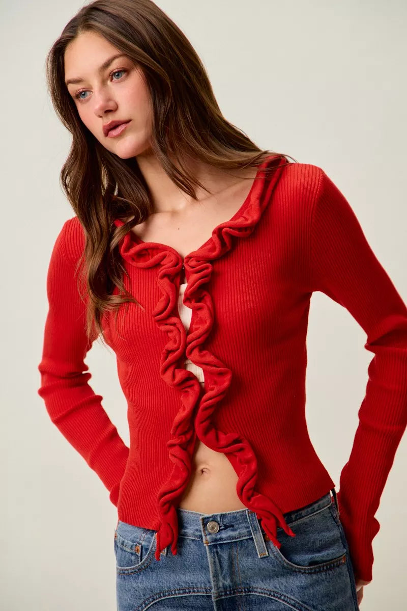 SO ME Cascade Ruffle Ribbed Sweater Cardigan in red with ruffle detail